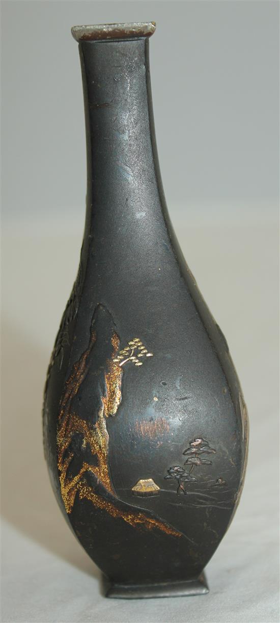 A small Japanese bronze and mixed metal square baluster vase, 10.7cm